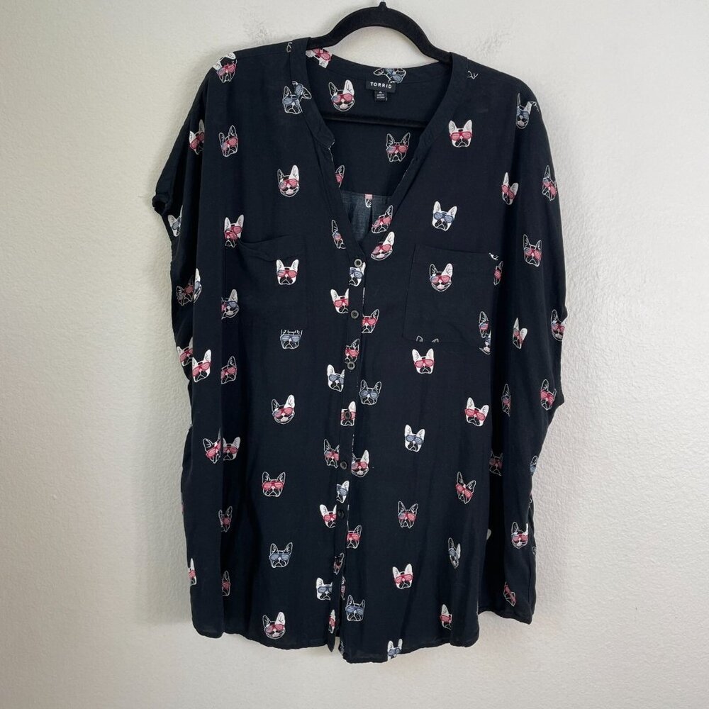 Torrid Womens Plus 4X Black Button Up Shirt French Bulldog Print Blouse Top